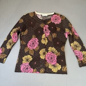 Garnet Hill Pink Brown Floral 100% Wool Cardigan Sweater Size XS 3/4 Sleeves